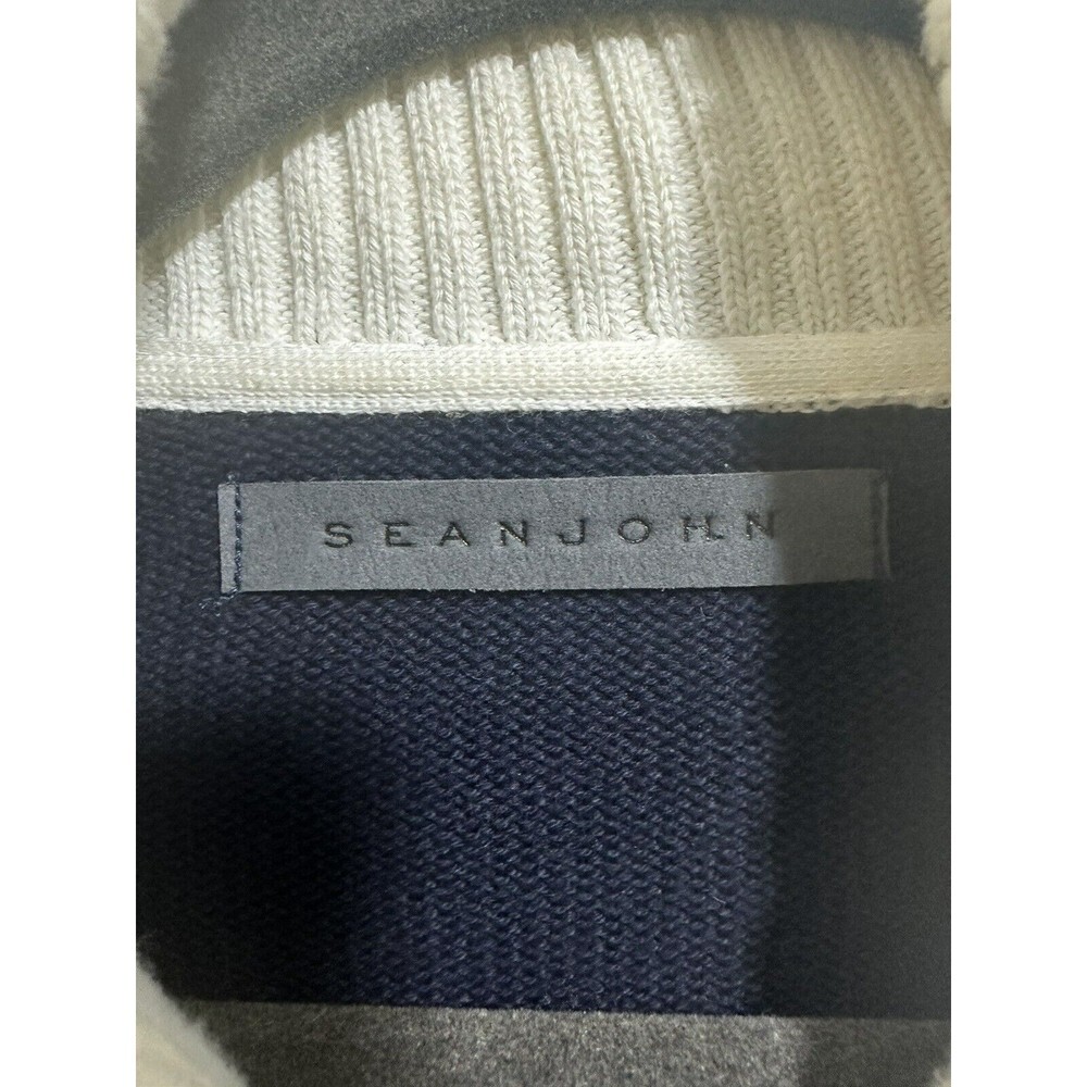 Sean John Mens Ivory/Blue/Brown Color Block Pullover Sweater 1/4 Button Large - Picture 3 of 9